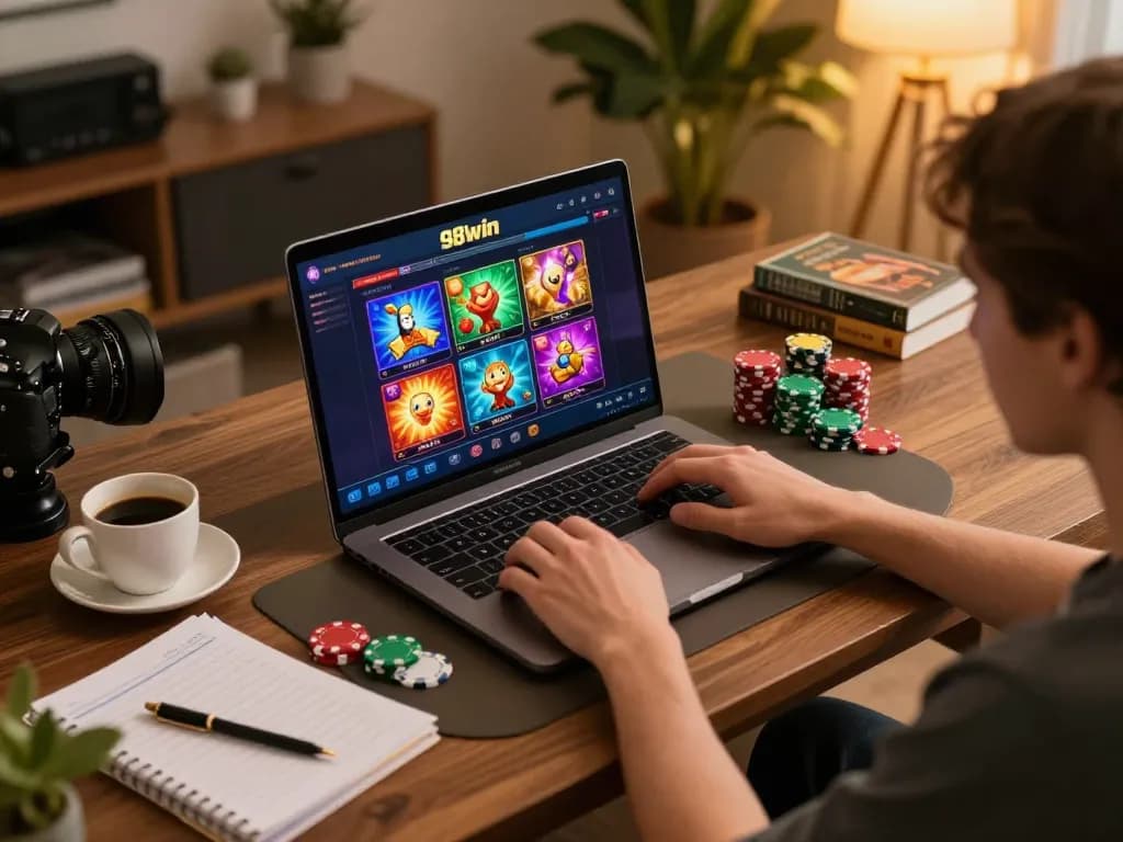 Engage in online gaming with 98win, showcasing a player immersed in the casino interface