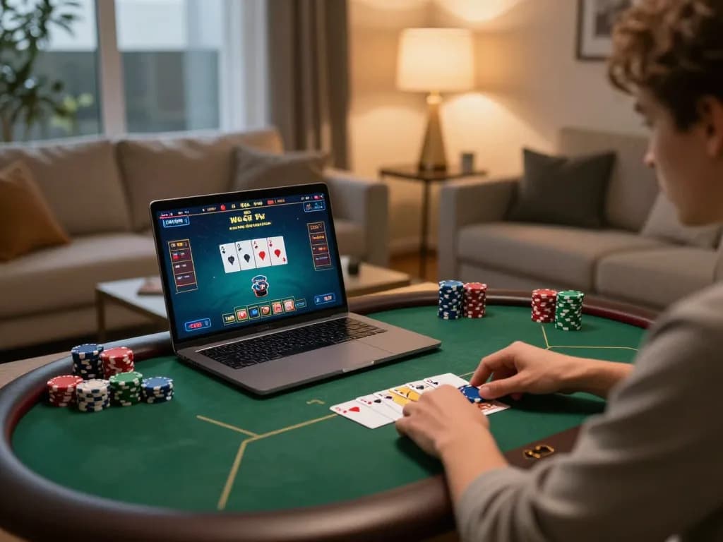 MMOO poker game experience with a player using a laptop in a cozy home setting