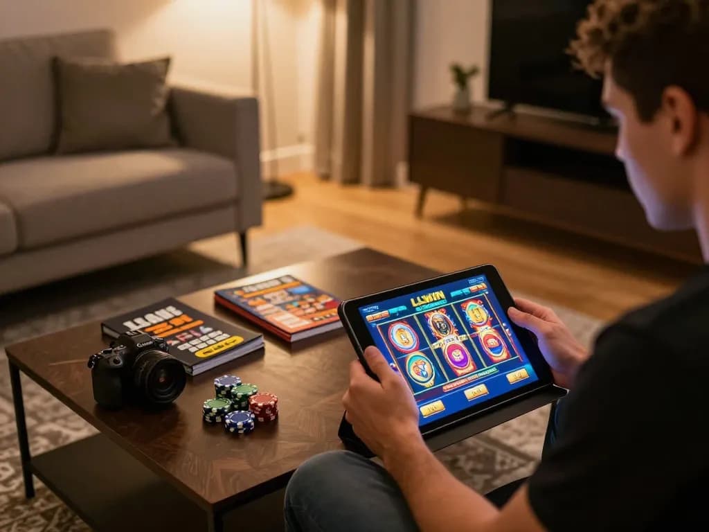 Engaging in LLWIN gaming on a tablet in a cozy living room with vibrant decor.