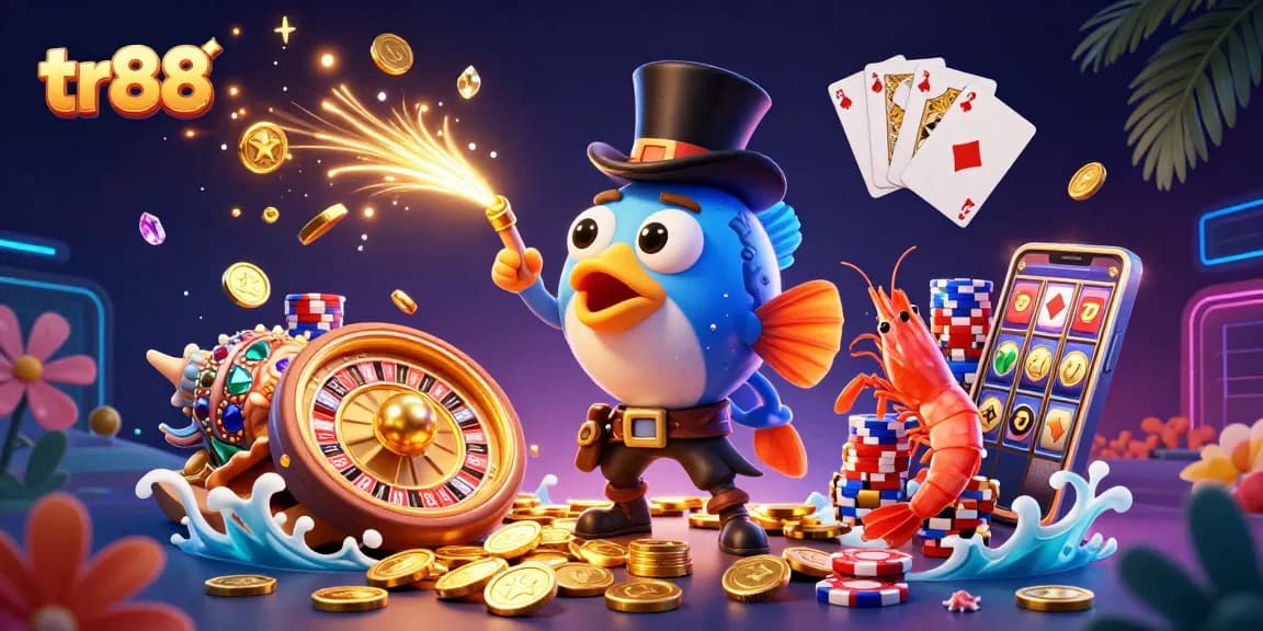 Experience the thrill of gaming with tr88's captivating casino illustration featuring the anglerfish, shrimp, and sea snail.