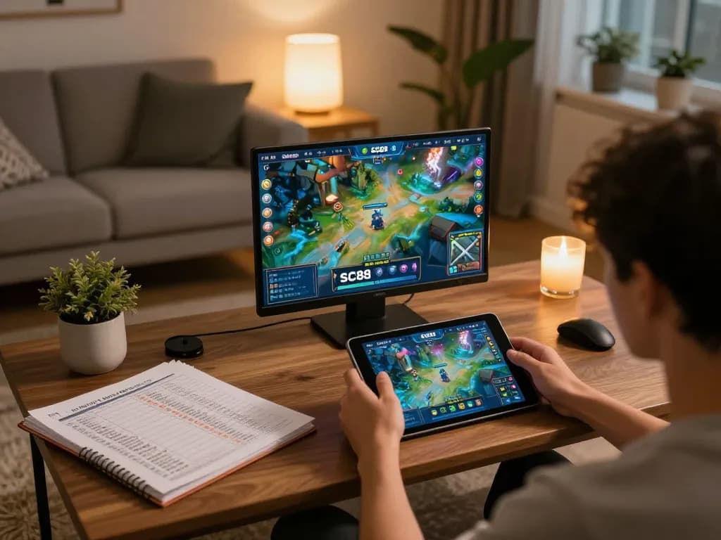 Player enjoying SC88 Game on a tablet in a cozy living room during a gaming session.