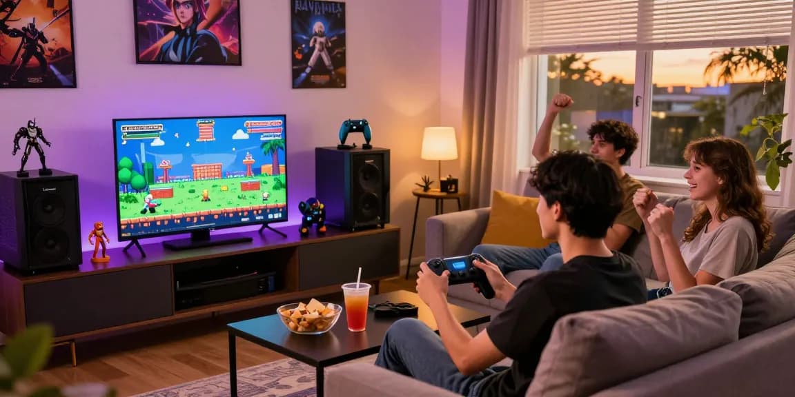 Dynamic gaming scene showcasing https://cikagames.com/ platform with friends enjoying online games in a lively living room.