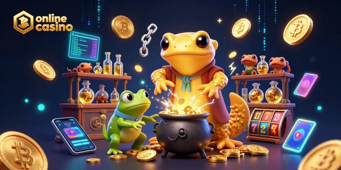 Engage with an online casino experience filled with gold coins, crypto elements, and vibrant characters.
