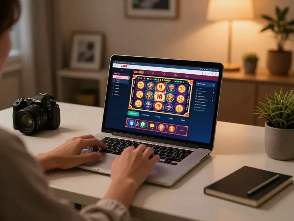 Engaging in online gaming on the VA88 platform, with a laptop displaying vibrant casino games in a cozy home setting.