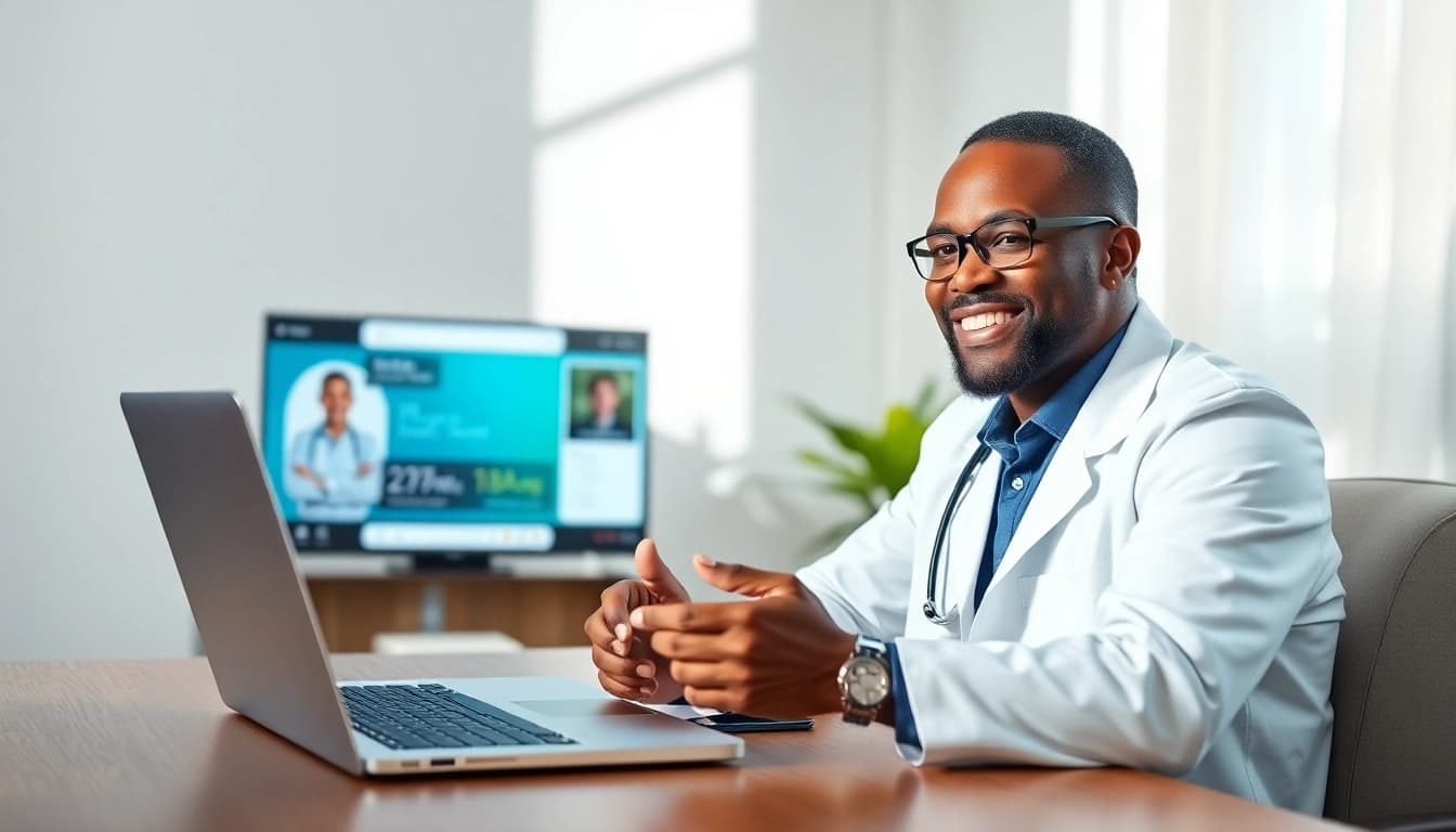 Chat with a doctor online now through a video consultation showcasing a friendly doctor and patient.