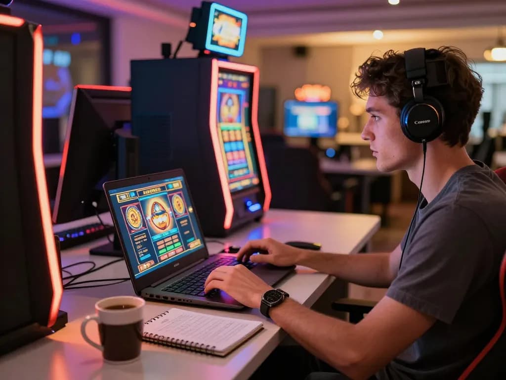 Pemain terlibat dengan slot online Planet77, menampilkan pengaturan permainan di rumah yang cerah dengan catatan strategis.