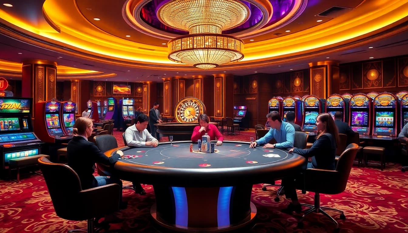B52 gaming table surrounded by engaged players in a luxurious casino atmosphere.