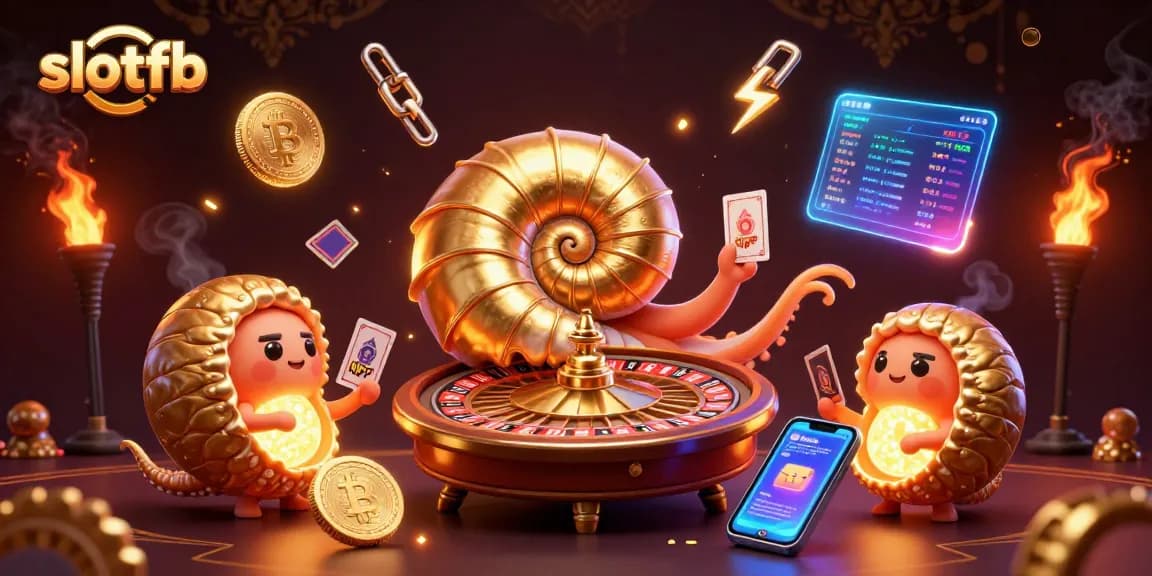 slotfb menampilkan nautilus kuno yang berfungsi sebagai roda roulette dan memegang kartu, menciptakan pengalaman kasino futuristik.