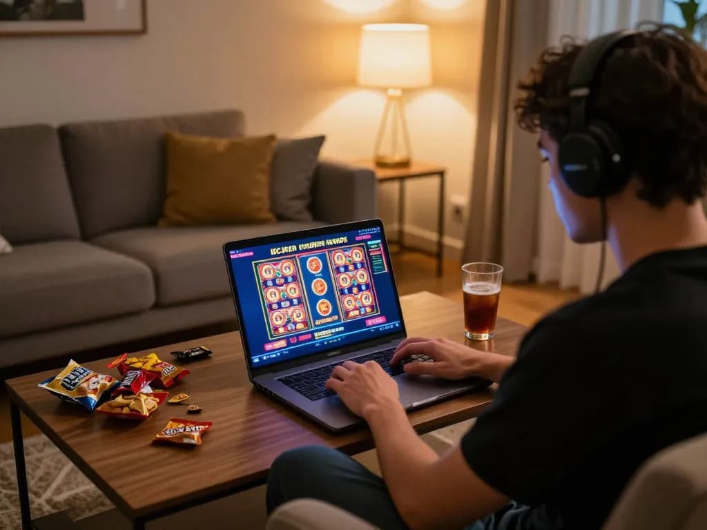 Player enjoying online slots on IDCJOKER platform in a cozy home setting.