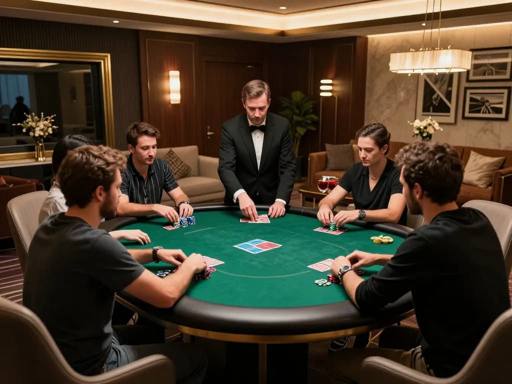 XX88 players strategizing during a high-stakes poker game in a luxurious setting
