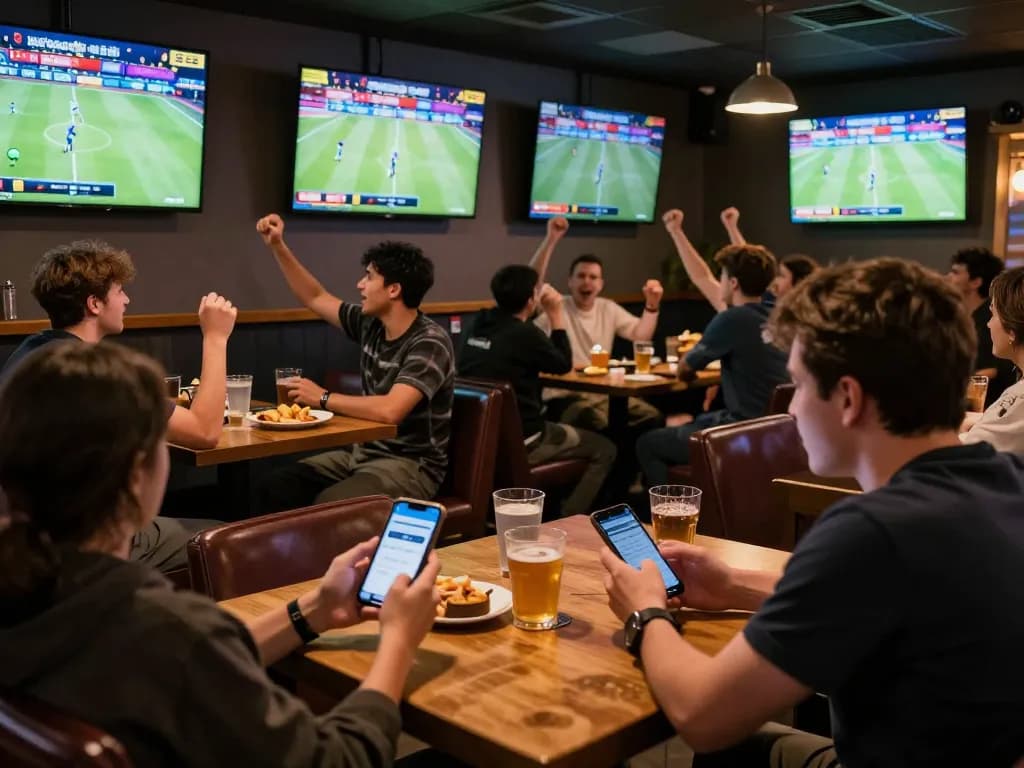 Active sports betting scene at a bar with fans reviewing odds on gg88.com and cheering for their teams