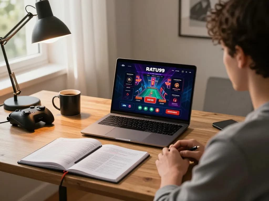 Berkutat dengan platform RATU99 di laptop, menggambarkan pengalaman permainan rumah yang nyaman.