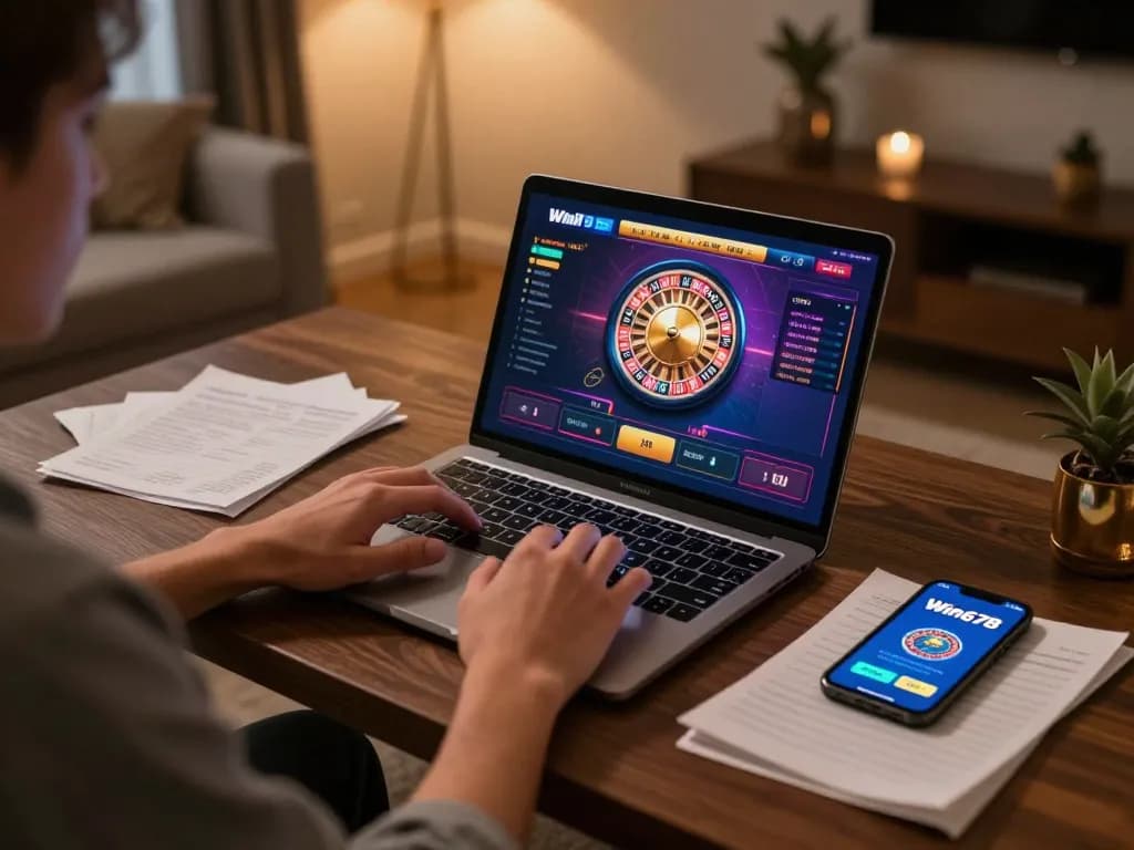 Win678 player enjoying live dealer roulette at home in a cozy setup
