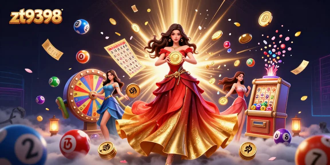 Experience thrilling wins at zt9398 with vibrant lottery games, golden coins, and dynamic casino elements.
