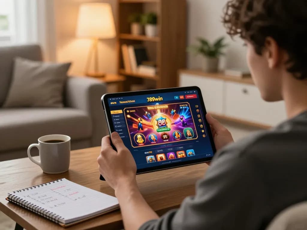 Engaging with trang chủ 789win on a tablet in a cozy home setting.