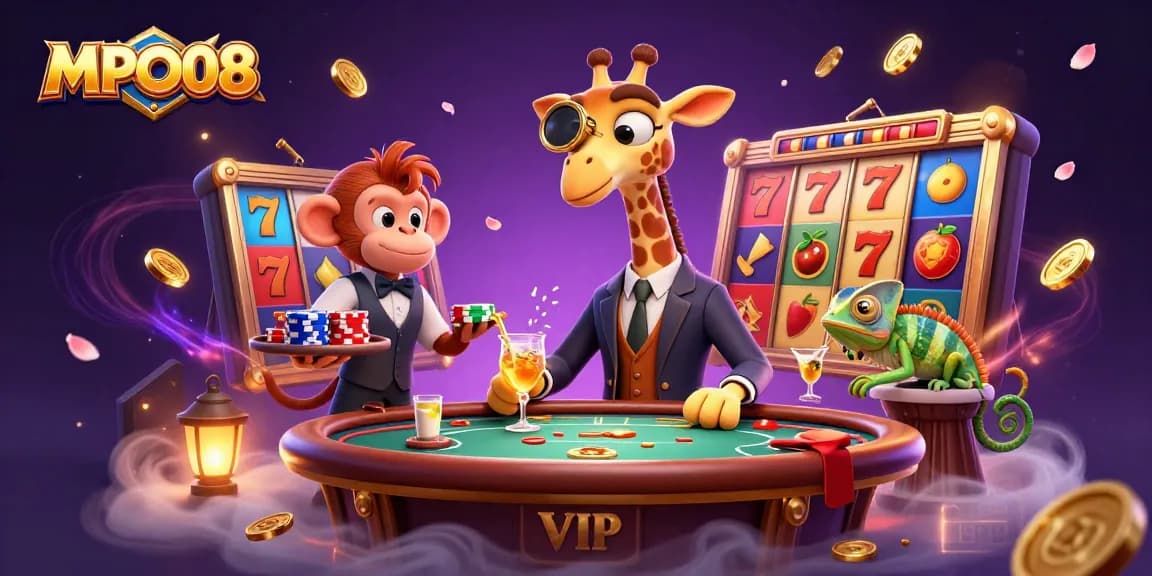 Experience the excitement of MPO08 with a vibrant scene of a high-roller giraffe at a VIP poker table, surrounded by slot game elements.