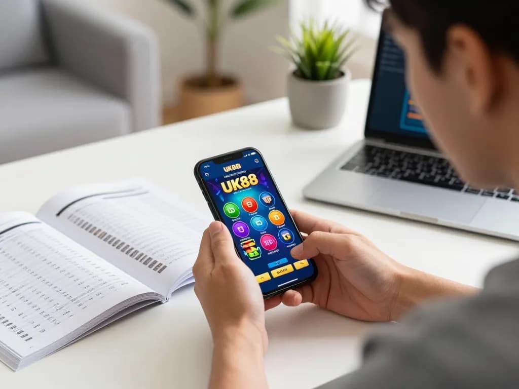 Player engaging with the UK88 casino app, focusing on mobile betting strategy in a cozy home environment.