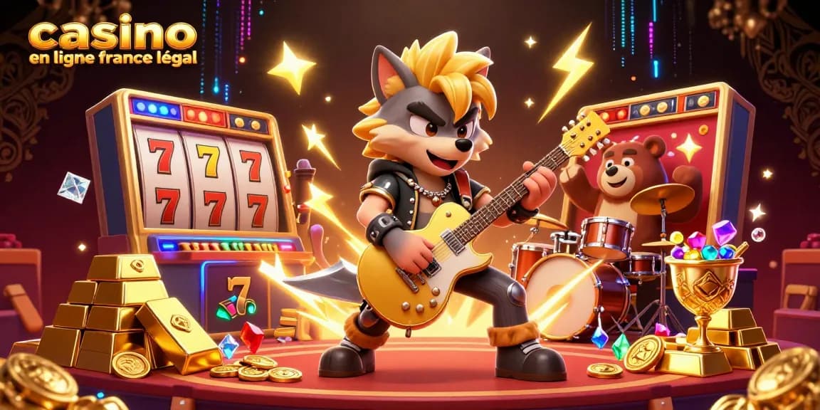Vivez l'excitation avec casino en ligne france légal, mettant en vedette un loup rock star et des éléments de jeu dorés.