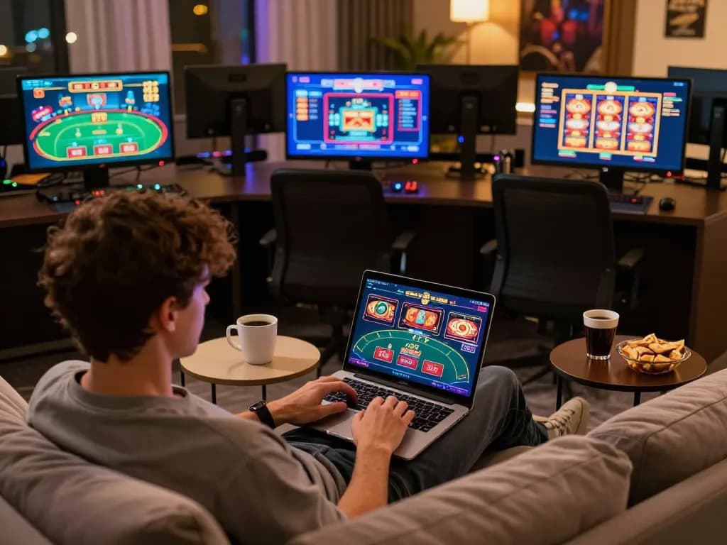Engaging online gaming experience at https://betbdt.art with a player enjoying poker on a laptop in a cozy setting.