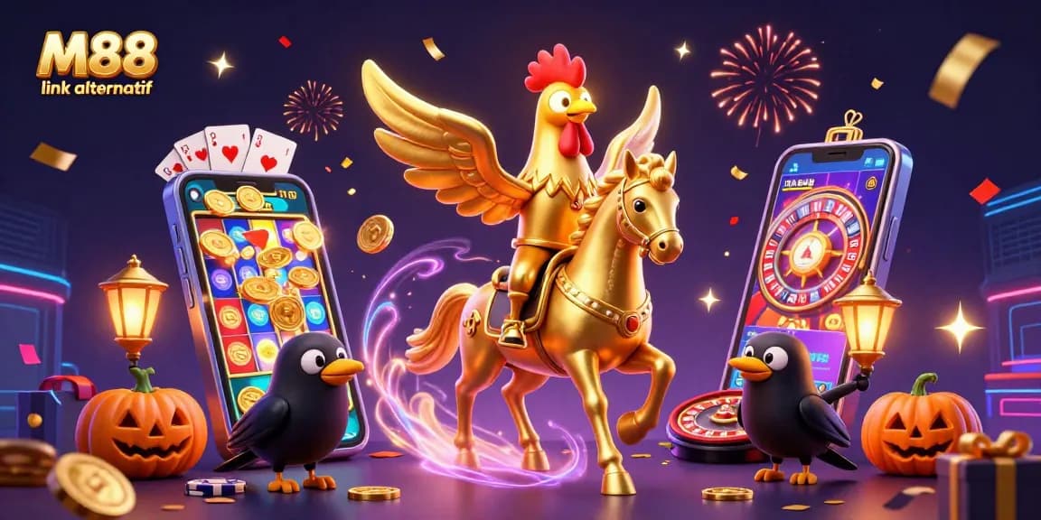 Experience exciting wins with M88 link alternatif as vibrant gaming elements surround a whimsical 3D illustration.