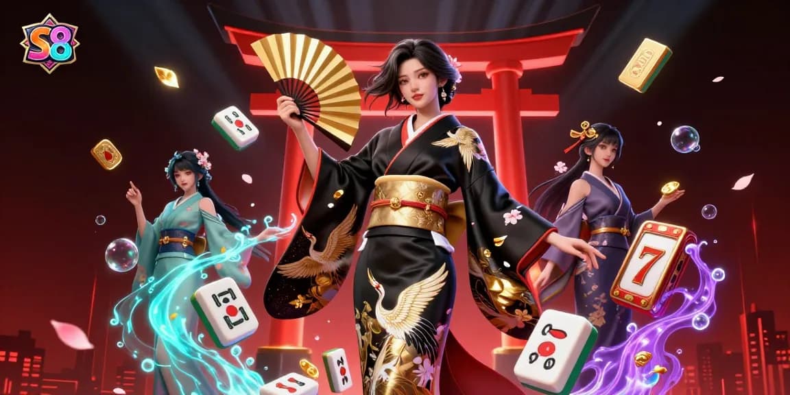 S8 casino illustration showcasing vibrant slot games and a graceful Asian woman in a traditional kimono.