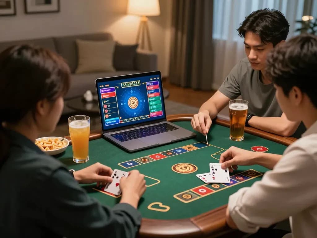 Players enjoying a game bài on a laptop with drinks and snacks in a cozy atmosphere