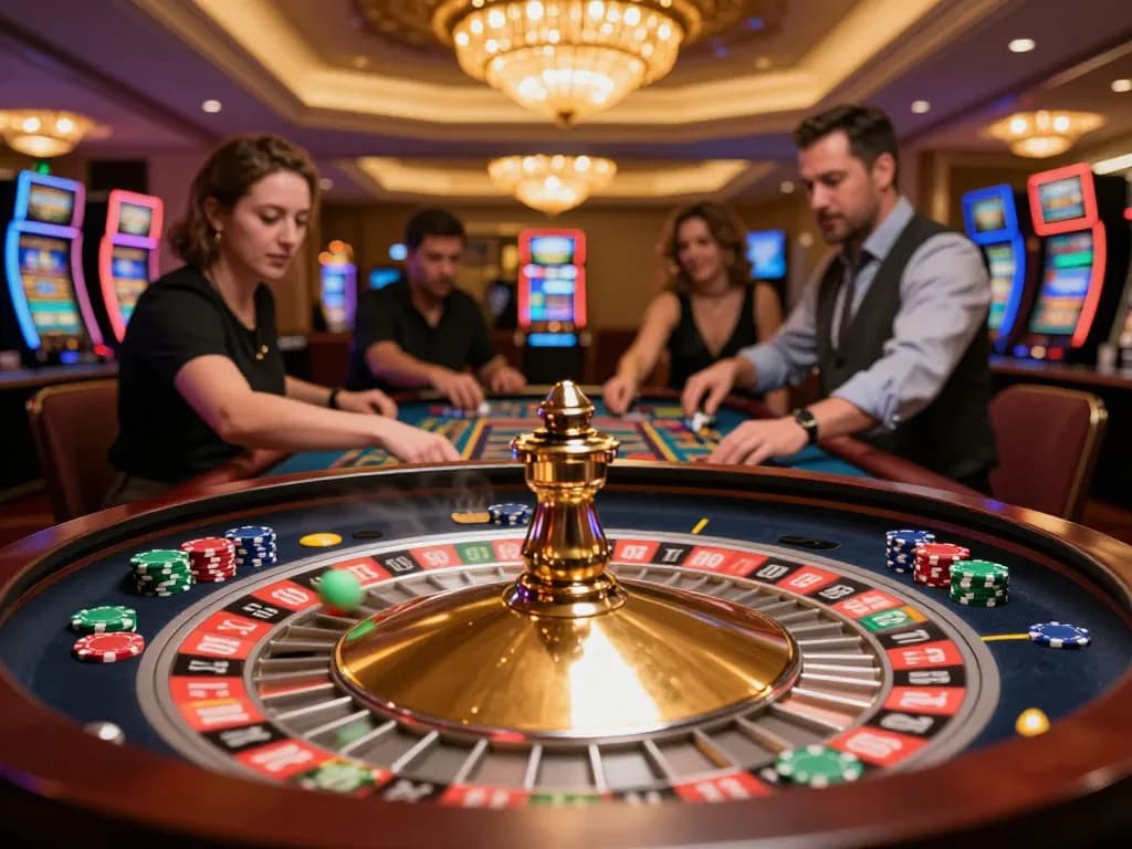 LIGA2000 players experiencing the thrill of roulette as chips are placed on the betting table in a luxurious casino.