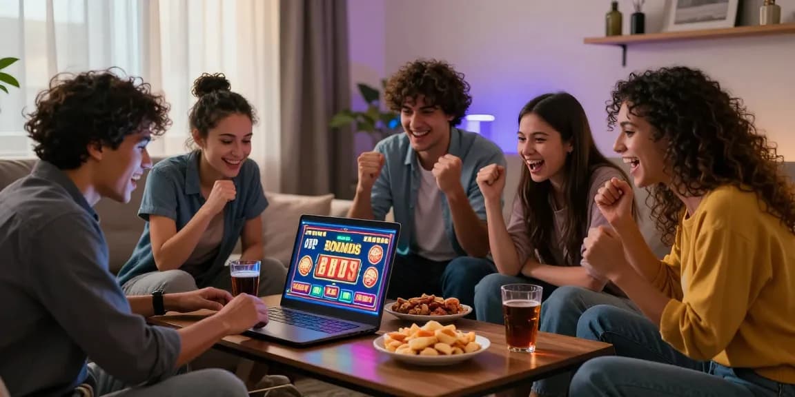 Friends enjoying bonus buy slots in a cozy setting with snacks and drinks, highlighting excitement and engagement.