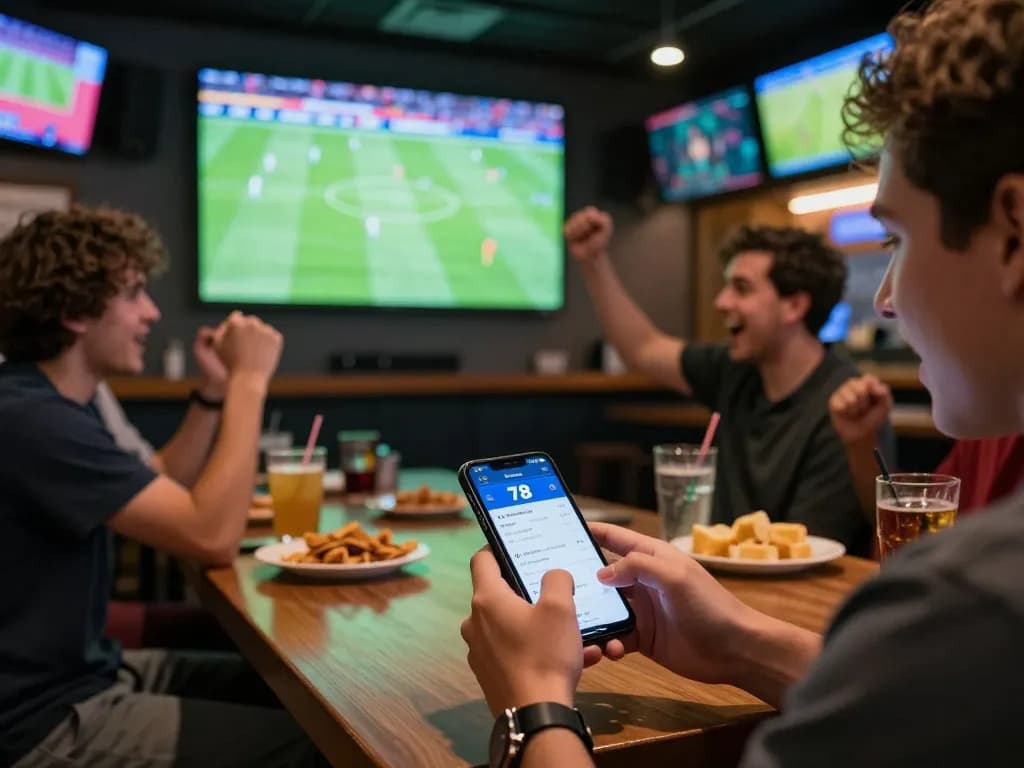 Engaged sports bettor using the 78win app on smartphone, enhancing live football watching experience at a lively sports bar.