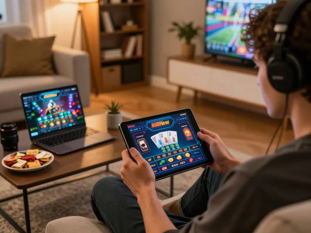 Engaged player using 888New tablet for an online casino game in a cozy living room