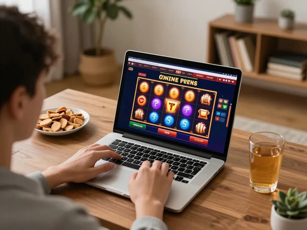 Engaging in online gaming at F168 com with a vibrant slot interface displayed on a laptop, cozy home setting enhancing the experience.