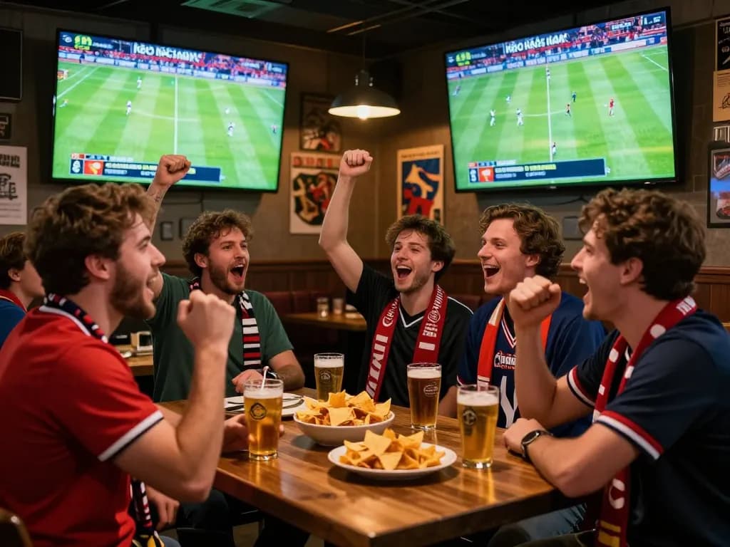 Exciting atmosphere of kèo nhà cái betting in a sports bar during a football match with friends cheering.