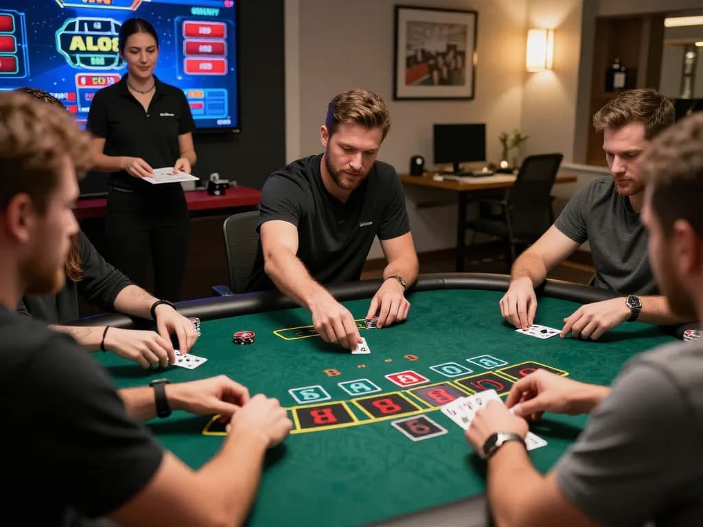 Players strategizing during an ALO8 live dealer blackjack game, focusing on immersive gameplay and betting.
