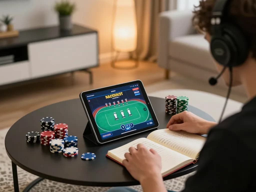 Player engaged in online poker gaming on tablet while reviewing rwin strategy notes