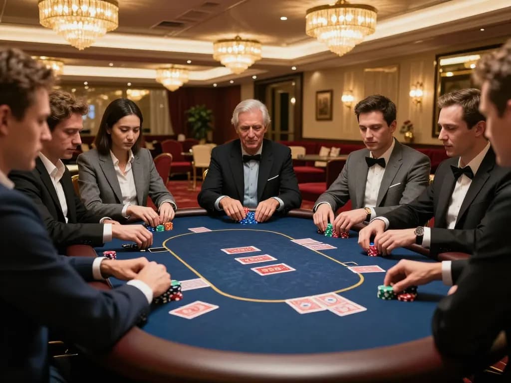 Players engaged in strategic poker game at RIKVIP's high-roller room, showcasing intense emotions and luxurious decor.