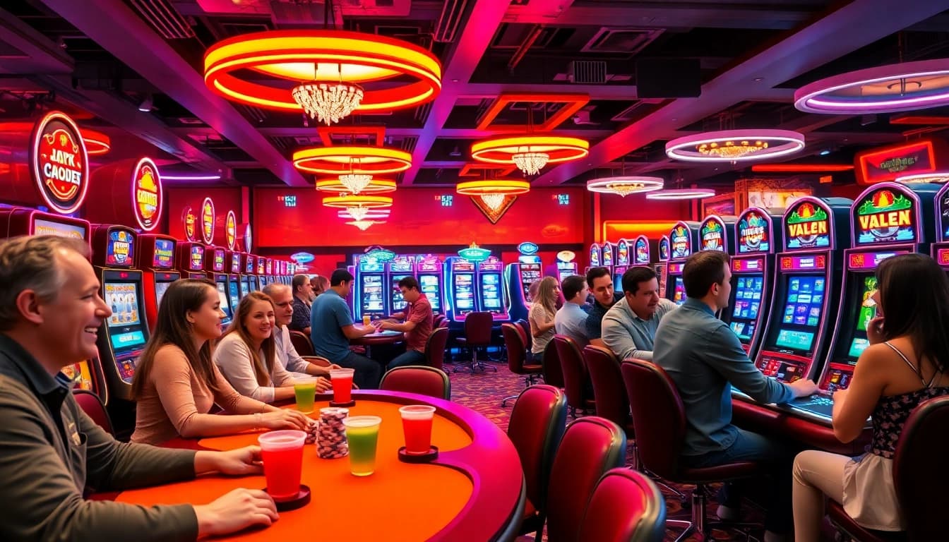 Players engaged in exciting games at AT99娛樂城 casino with vibrant lights and chips.
