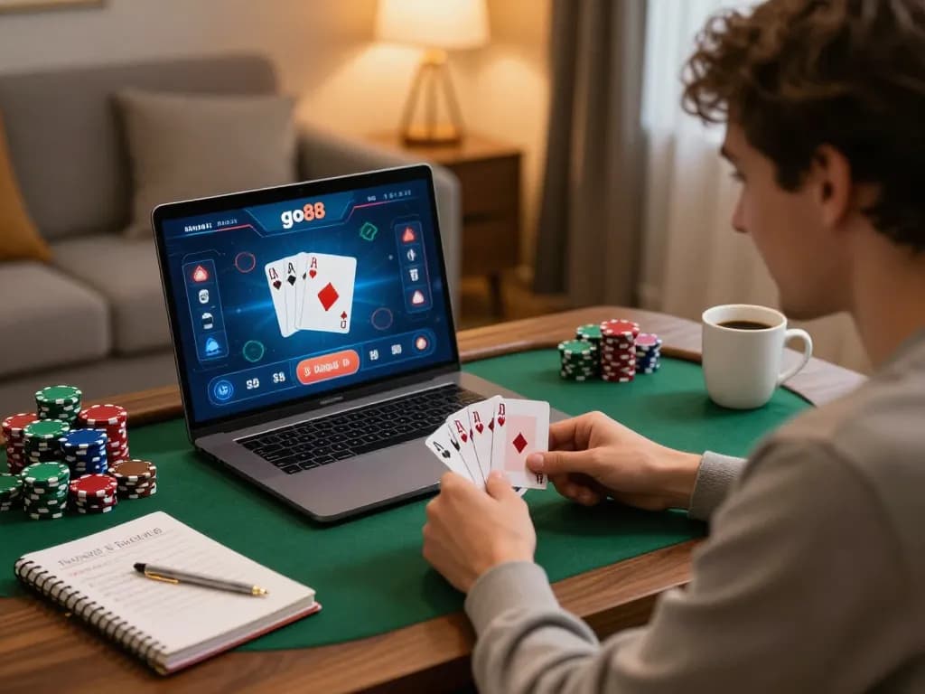 Engaging in an exciting poker game on go88 with joyful winning moments in a cozy home.