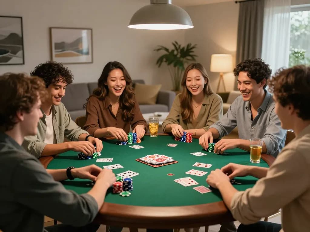 Friends enjoying poker night at home with exciting energy, showcasing the engaging spirit of https://f168.osaka/.