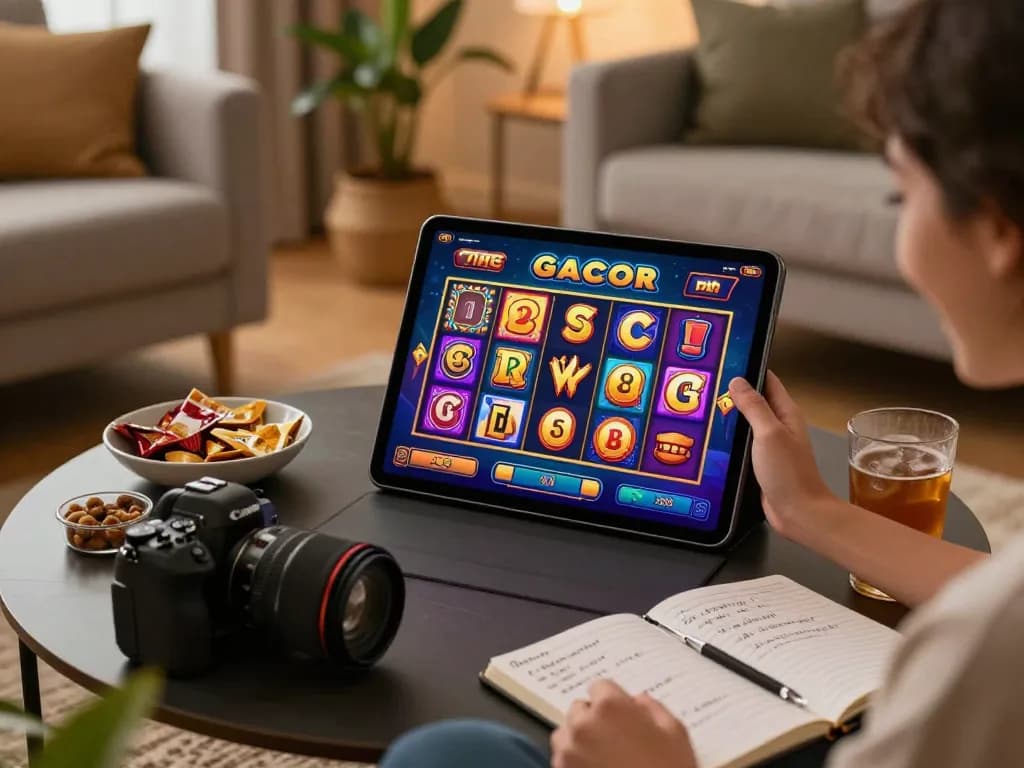 Engaging in a vibrant online slot gacor game on a tablet during a cozy home gaming session.