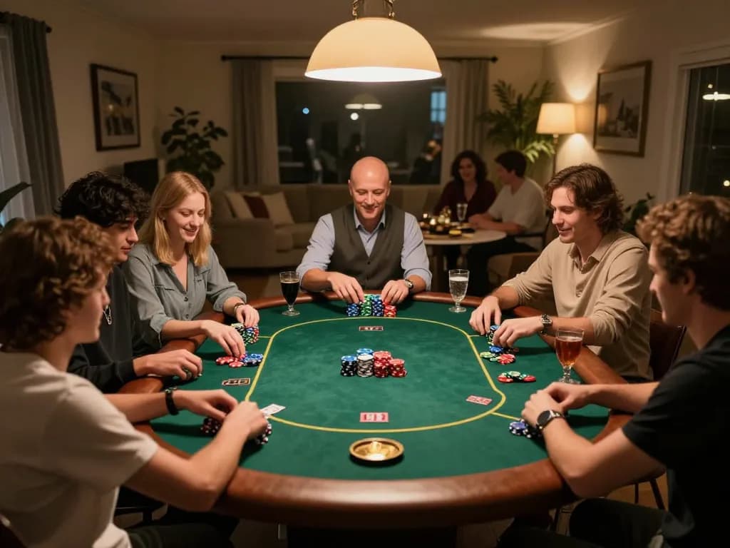 Engaging poker night scene at home highlighting players enjoying the game with nhà cái gg88 atmosphere.