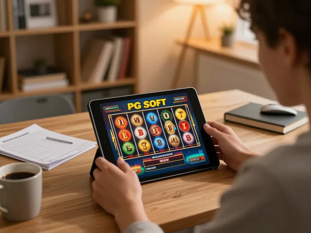 Terlibat dalam permainan Demo Slot di tablet dalam suasana rumah yang nyaman, menampilkan perjudian online yang strategis.