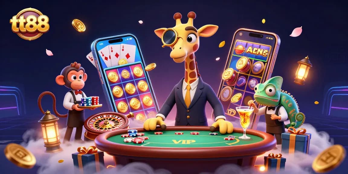 tt88 platform featuring a high-roller giraffe, poker elements, and dynamic casino atmosphere