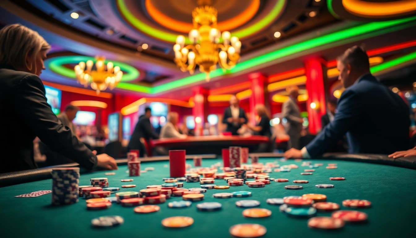 Betrupi ile kazanmak heyecanı, renkli poker masası ve oyuncularla dolu bir casino ortamı.