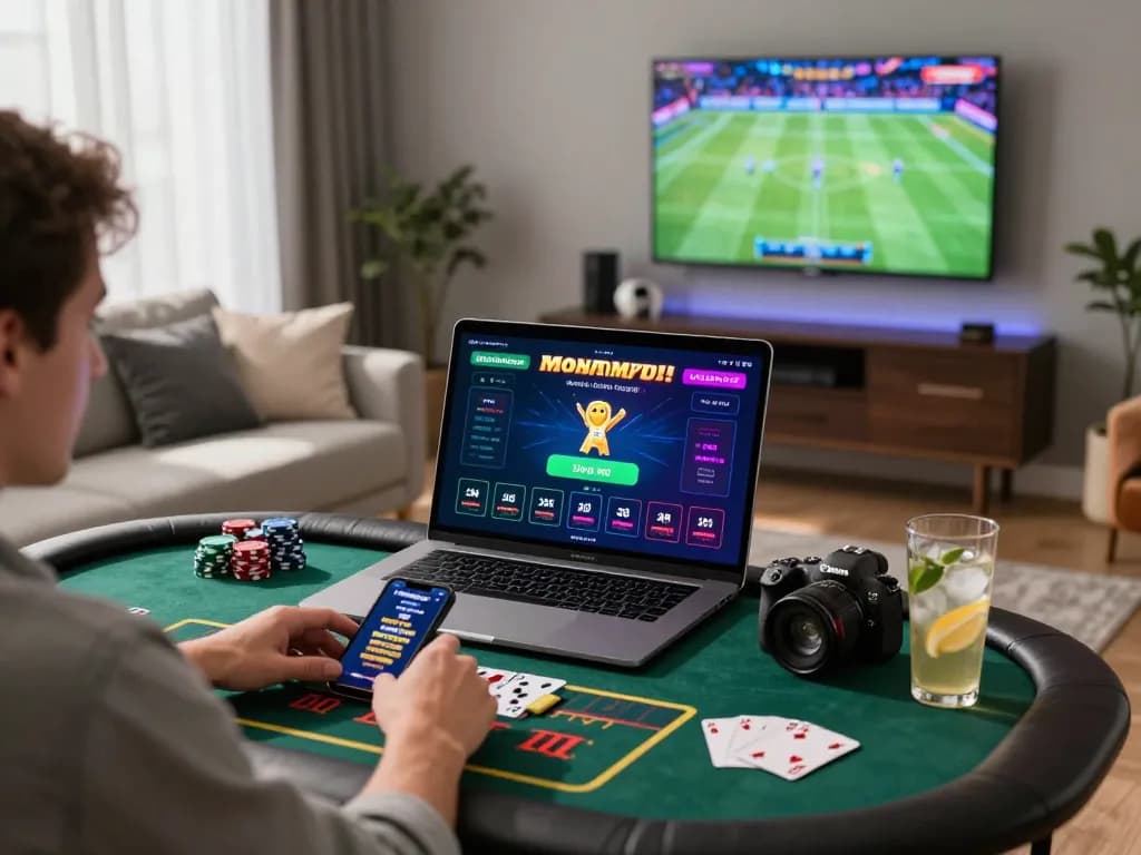 Engaging live casino experience with 3win on laptop, vibrant gaming setup showcasing online betting excitement.