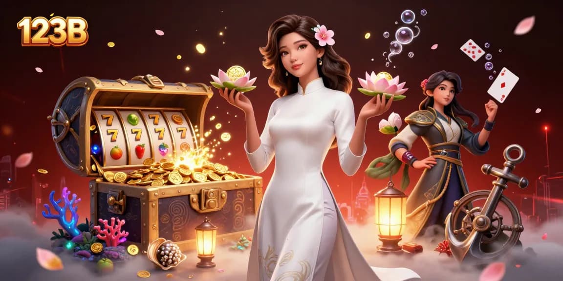 Engage in an exciting gaming experience with 123B featuring vibrant slot reels and a graceful Asian character.