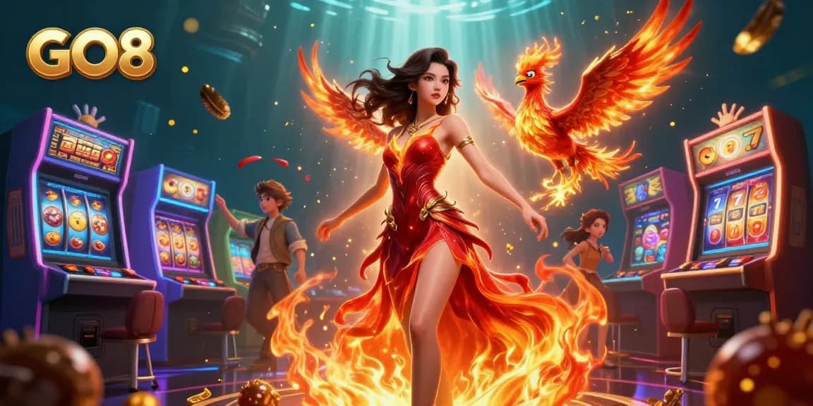 Experience thrilling wins at GO8 with stunning casino visuals, slot machines, and vibrant characters.