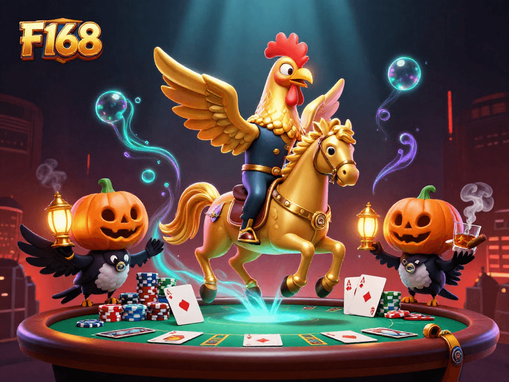 F168 features a golden rooster character navigating a dynamic casino scene filled with poker elements.