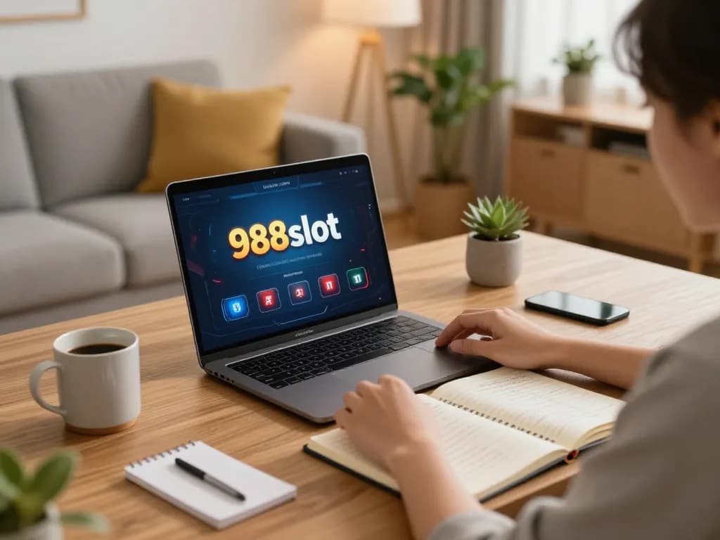 Engaging with 988slot on a laptop at home, showcasing a cozy gaming environment.