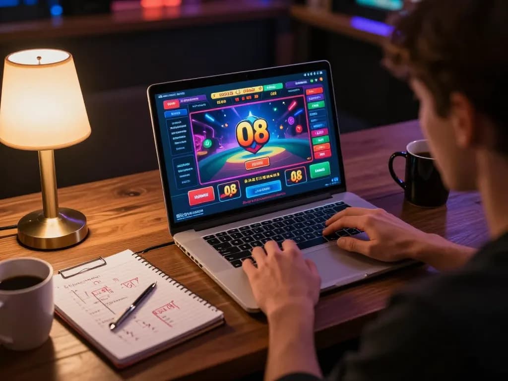 Player engaging with O8 online casino on laptop, showing strategic gameplay in cozy setting