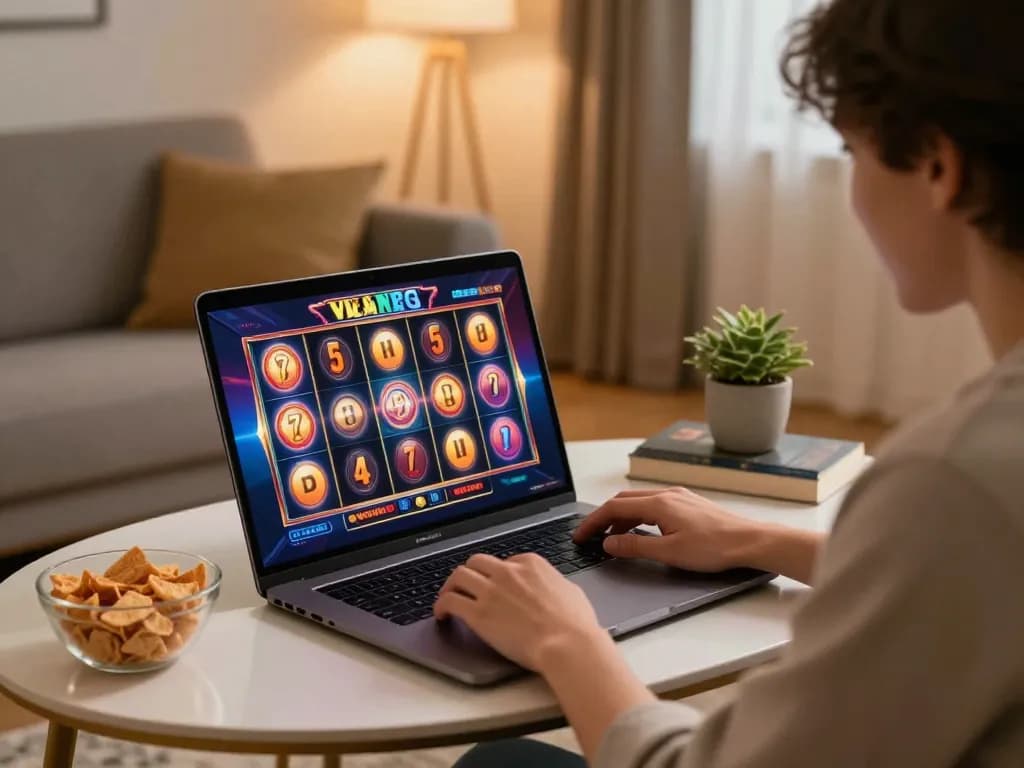 JUARA88 player spinning online slots in a cozy home setting, surrounded by warm lighting.